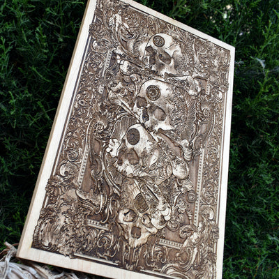 Handcrafted wooden skull engraving, macabre skull wall art