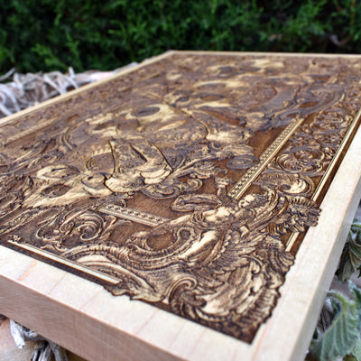 Rustic wood skull carving, horror-inspired gothic décor