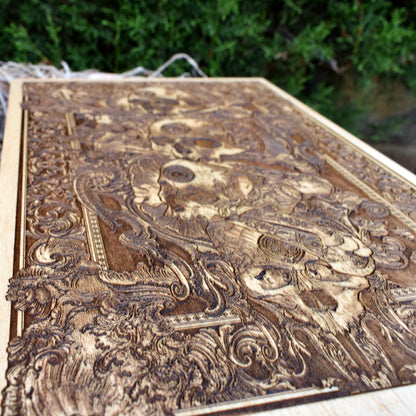 Skull wall art for gothic homes, detailed wood engraving