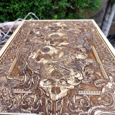 Horror skull wood art, dark-themed handcrafted decoration