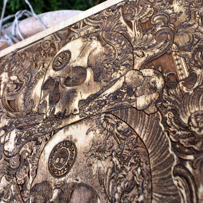 Macabre wood engraving, unique horror skull wall hanging