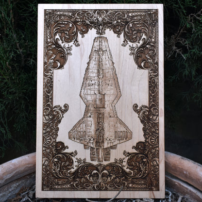 Star Wars starship wood engraving - detailed sci-fi wall decor for collectors & fans.