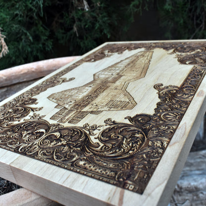 Laser-engraved wood starship design from Star Wars - unique sci-fi wall art.