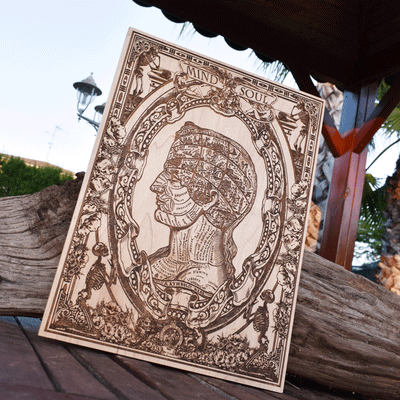 Surreal symbolic head wood engraving, perfect gift for deep thinkers.