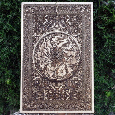 Handcrafted medieval war artwork on wood featuring an intricate historic battle scene. Perfect for rustic medieval decor and history lovers.