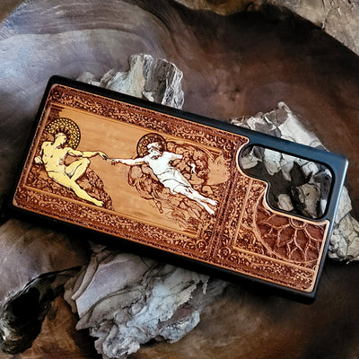 Adam and Eve gothic artwork engraved on a wooden phone case, compatible with iPhone and Samsung Galaxy