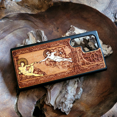 Adam and Eve gothic artwork engraved on a wooden phone case, compatible with iPhone and Samsung Galaxy