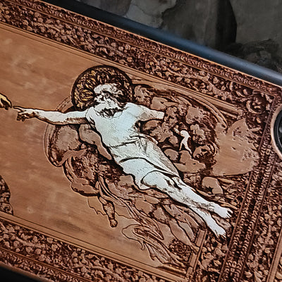 Adam and Eve gothic artwork engraved on a wooden phone case, compatible with iPhone and Samsung Galaxy