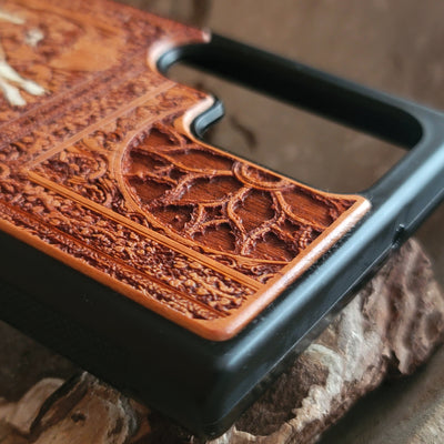 Adam and Eve gothic artwork engraved on a wooden phone case, compatible with iPhone and Samsung Galaxy