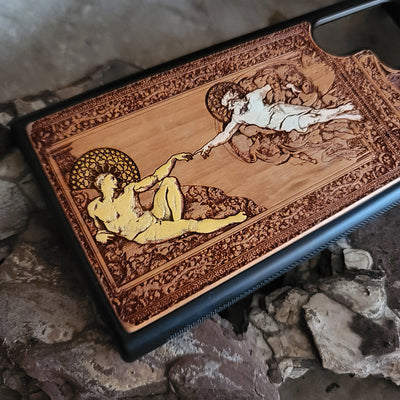 Adam and Eve gothic artwork engraved on a wooden phone case, compatible with iPhone and Samsung Galaxy