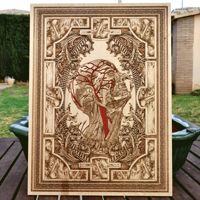 Vintage wood wall art with engraved human anatomy design
