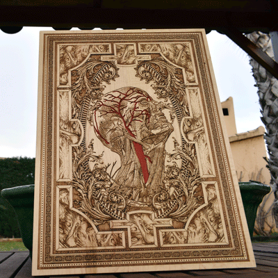 Anatomical human body illustration on rustic wooden plaque