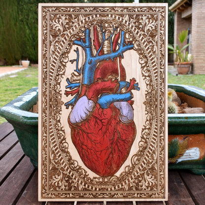 Hand-painted anatomical heart wood art – unique gothic decor