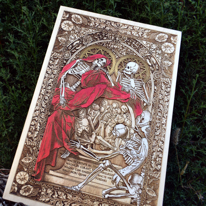 Memento mori skeleton lovers artwork, dark romantic gift on engraved cherrywood.
