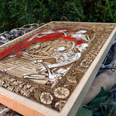 Personalized skeleton couple wall decor, gothic-style art with red-stained wood.