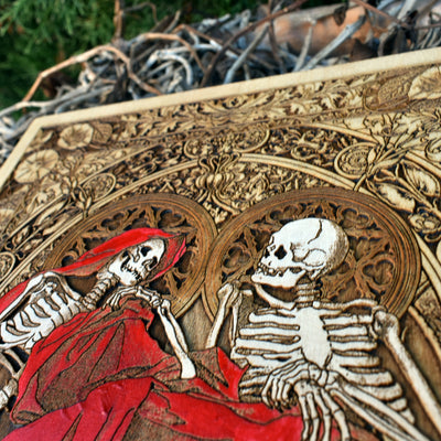 Gothic love after death wall art, custom skeleton engraving on real wood panel.