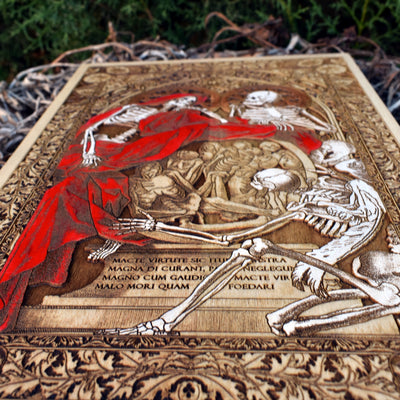 Skull couple memento mori artwork, engraved for gothic anniversary or wedding gift.
