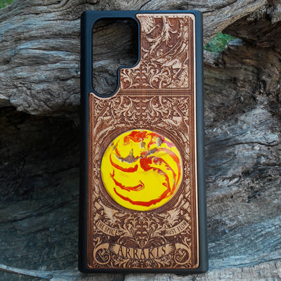 Hand-painted Dune Arrakis wooden phone case with laser-engraved cherrywood design.  Sci-fi-themed phone case for Dune fans.