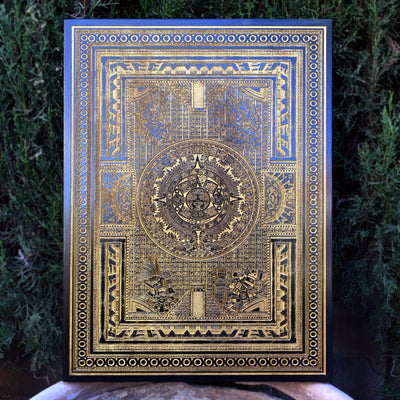 Aztec Calendar Version II Black Paint - Large – gothic art, engraved wood, dark fantasy, skeleton design, artisan crafted