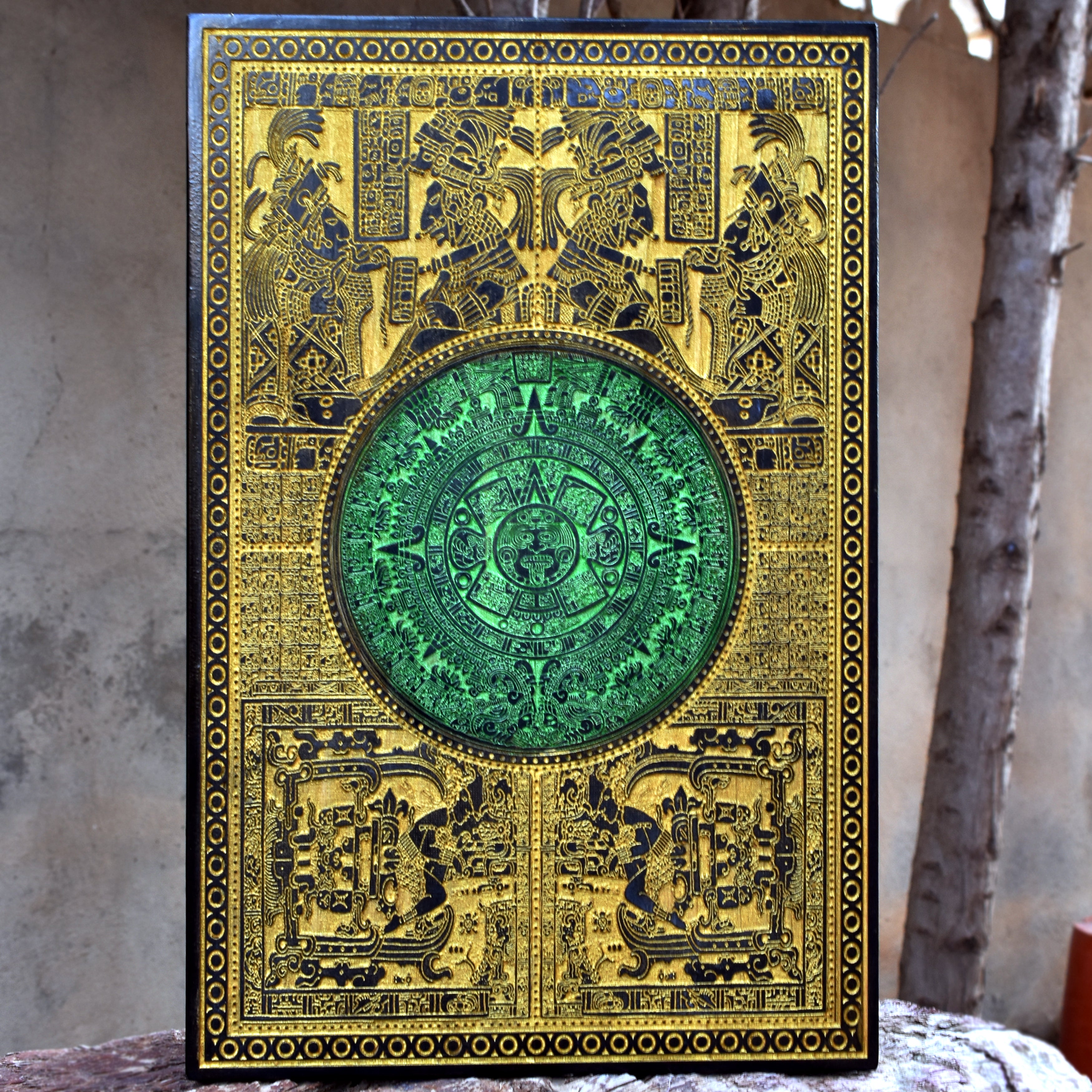 Aztec Calendar - Medium Black Paint - Gold & Green Mica