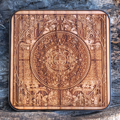 Side view of the Aztec Calendar Wood Wireless Charger with charging ports and 15W fast charge feature