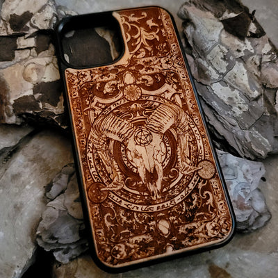 Laser-engraved Baphomet skull phone case with occult symbols, Gothic design for iPhone  and Samsung Galaxy S, showcasing intricate details and a slim, durable fit. Perfect for those who love occult art and Gothic aesthetics.