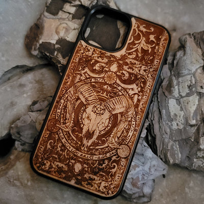 Laser-engraved Baphomet skull phone case with occult symbols, Gothic design for iPhone  and Samsung Galaxy S, showcasing intricate details and a slim, durable fit. Perfect for those who love occult art and Gothic aesthetics.