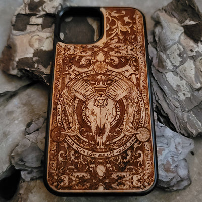 Laser-engraved Baphomet skull phone case with occult symbols, Gothic design for iPhone  and Samsung Galaxy S, showcasing intricate details and a slim, durable fit. Perfect for those who love occult art and Gothic aesthetics.