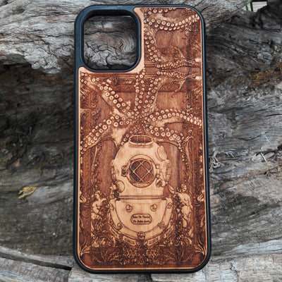 Wooden phone case with a Kraken and diver design, laser-engraved for iPhone , Samsung Galaxy S, S24, and more. Perfect for lovers of nautical themes and unique phone accessories.