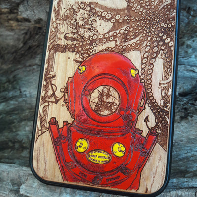 Laser-engraved wooden phone case featuring a vintage deep-sea diver and octopus design, compatible with iPhone and samsung galaxy