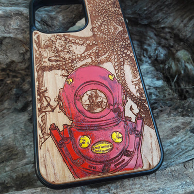 Laser-engraved wooden phone case featuring a vintage deep-sea diver and octopus design, compatible with iPhone and samsung galaxy