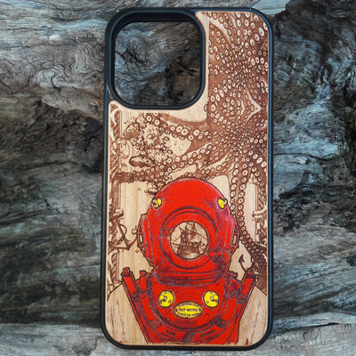 Laser-engraved wooden phone case featuring a vintage deep-sea diver and octopus design, compatible with iPhone and samsung galaxy