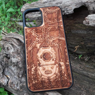 Wooden phone case with a Kraken and diver design, laser-engraved for iPhone , Samsung Galaxy S, S24, and more. Perfect for lovers of nautical themes and unique phone accessories.