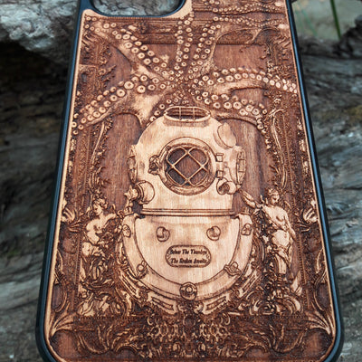 Wooden phone case with a Kraken and diver design, laser-engraved for iPhone , Samsung Galaxy S, S24, and more. Perfect for lovers of nautical themes and unique phone accessories.