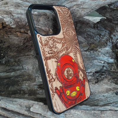 Laser-engraved wooden phone case featuring a vintage deep-sea diver and octopus design, compatible with iPhone and samsung galaxy