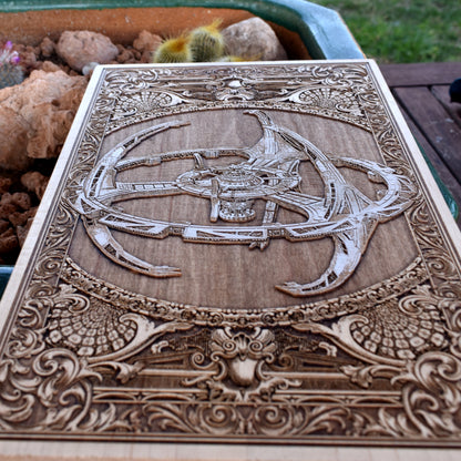 Detailed Enterprise-inspired starship wall art engraved on wooden panel.