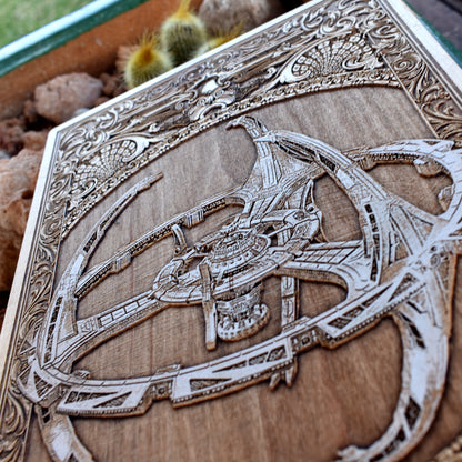 Unique wood art of sci-fi spaceship cutaway, ideal for collectors and fans.