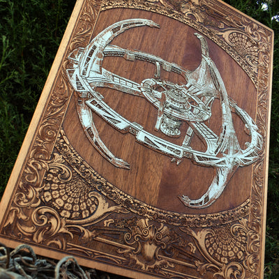 Intergalactic Ship IV Enterprise - Large Cedar Wood - Hand Painted Alien xenomorph HR Giger biomechanical engraved phone