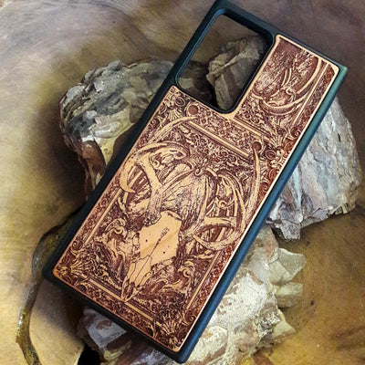 Unique handmade wooden case with gothic skull engraving. Fits iPhone , Galaxy S, and more. A perfect 5-year anniversary wood gift.