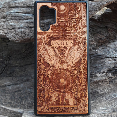 Lucifer-themed wooden phone case with intricate Hell Gate engraving, available for iPhone , iPhone 15, Galaxy S, and more. Perfect for lovers of gothic art and dark fantasy designs.