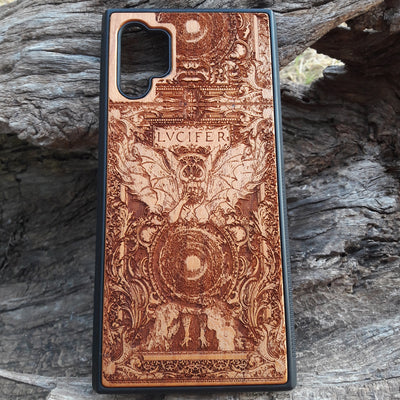 Lucifer-themed wooden phone case with intricate Hell Gate engraving, available for iPhone , iPhone 15, Galaxy S, and more. Perfect for lovers of gothic art and dark fantasy designs.