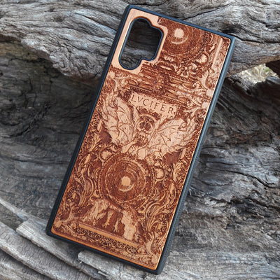 Lucifer-themed wooden phone case with intricate Hell Gate engraving, available for iPhone , iPhone 15, Galaxy S, and more. Perfect for lovers of gothic art and dark fantasy designs.