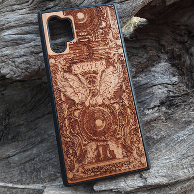 Lucifer-themed wooden phone case with intricate Hell Gate engraving, available for iPhone , iPhone 15, Galaxy S, and more. Perfect for lovers of gothic art and dark fantasy designs.