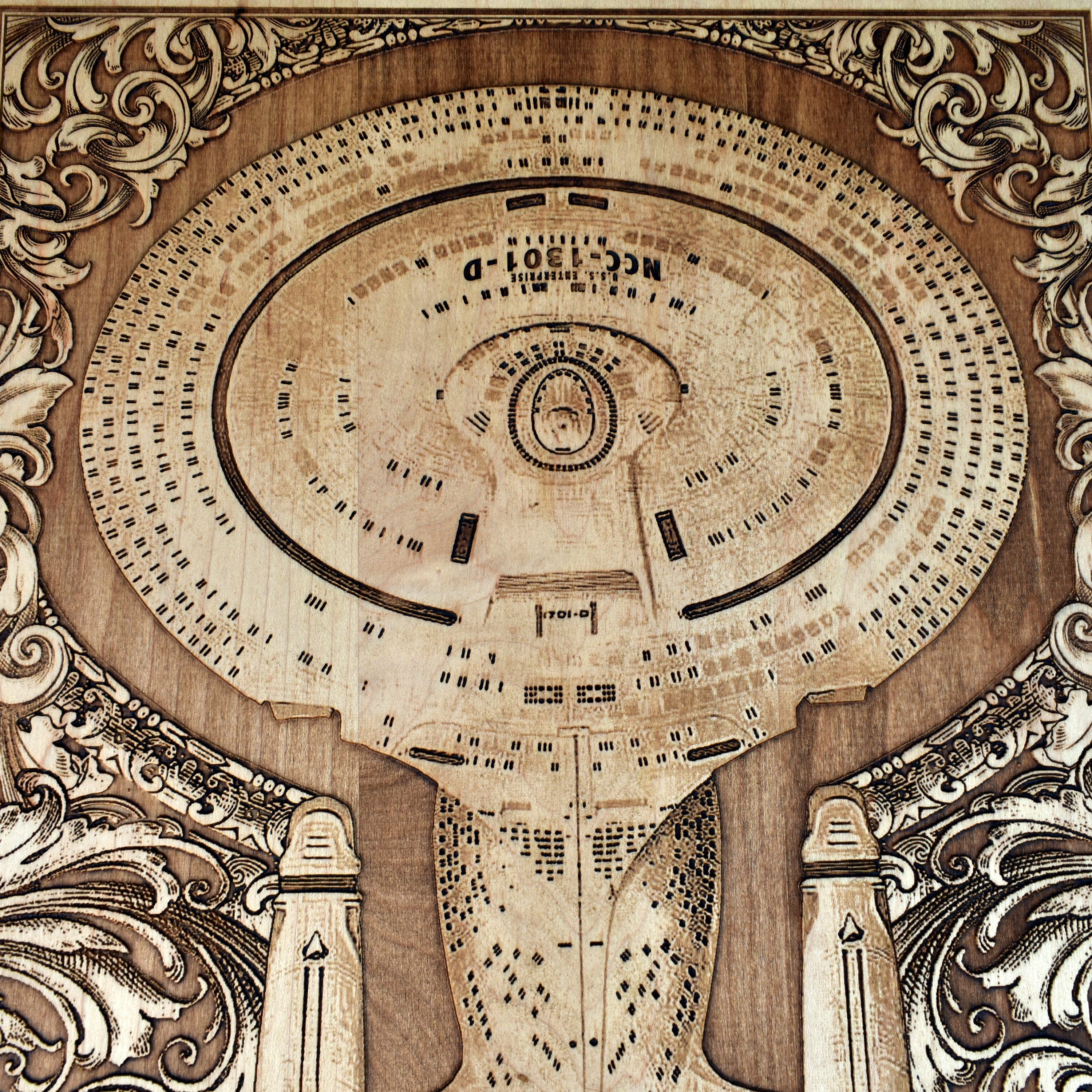 Laser-engraved wood plaque with Enterprise NCC-1701D ship