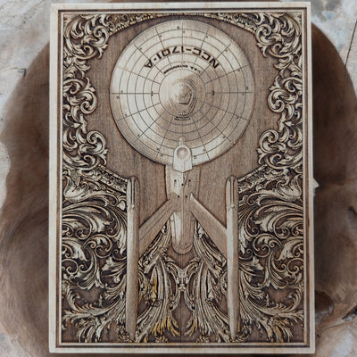 Handmade wooden artwork 'Intergalactic Ship VI Enterprise - Mini' – wood gift for 5 year anniversary, wedding present, gift for him or her, romantic handcrafted decor