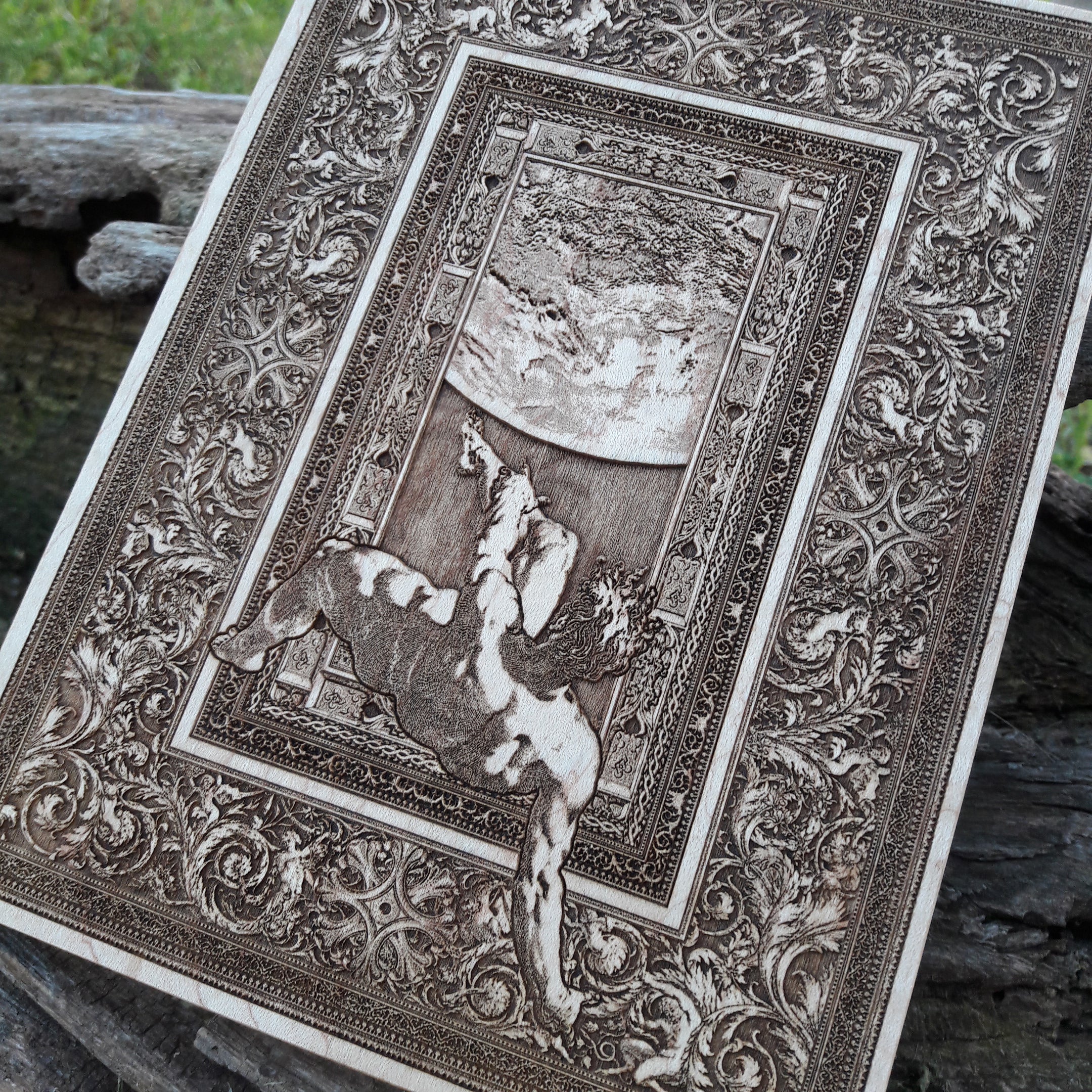 Detailed wood engraving of The Fall of Phaeton, inspired by Greek mythology – premium handcrafted artwork.