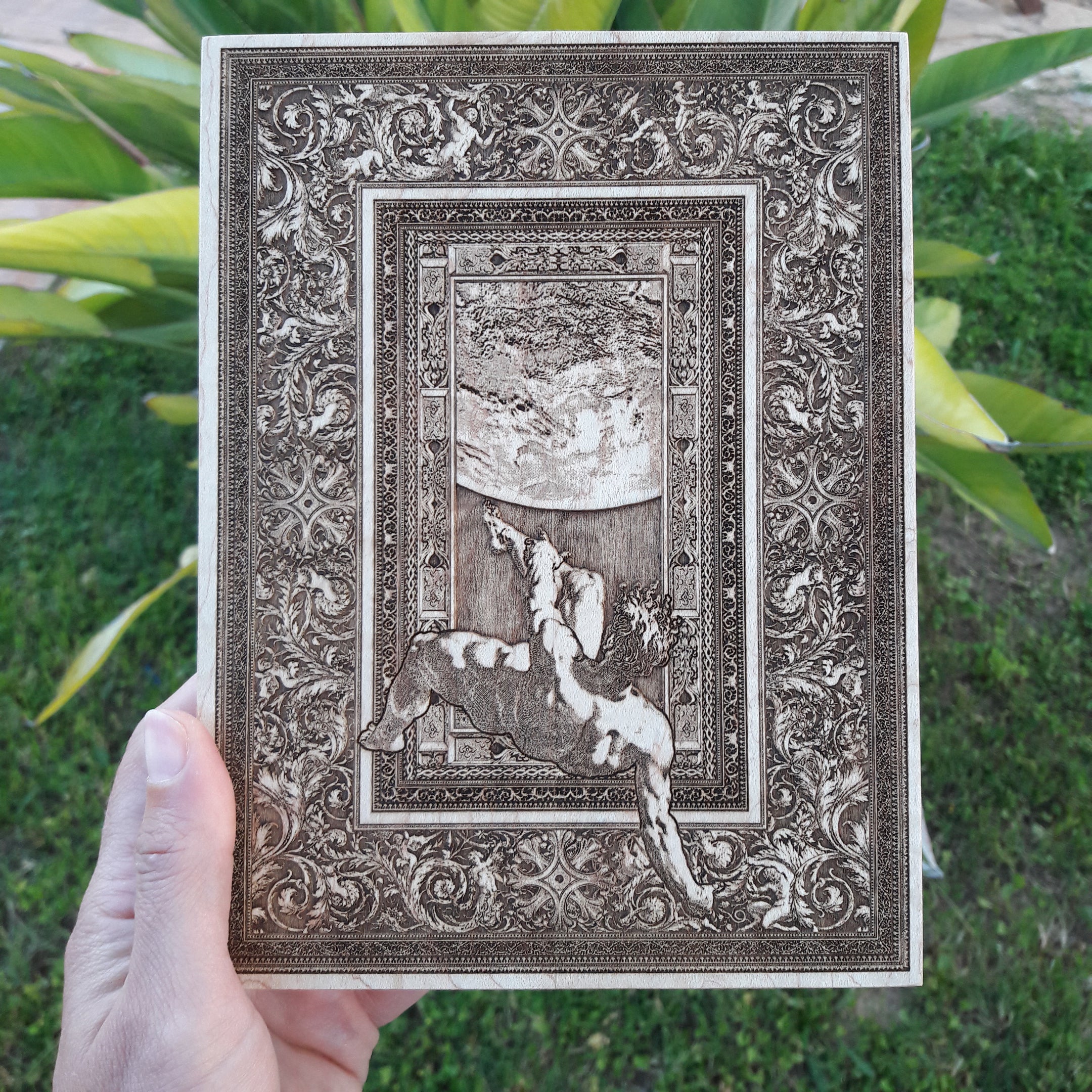Intricate wood engraving of Phaeton’s fall, laser-etched for Greek mythology lovers & art enthusiasts.