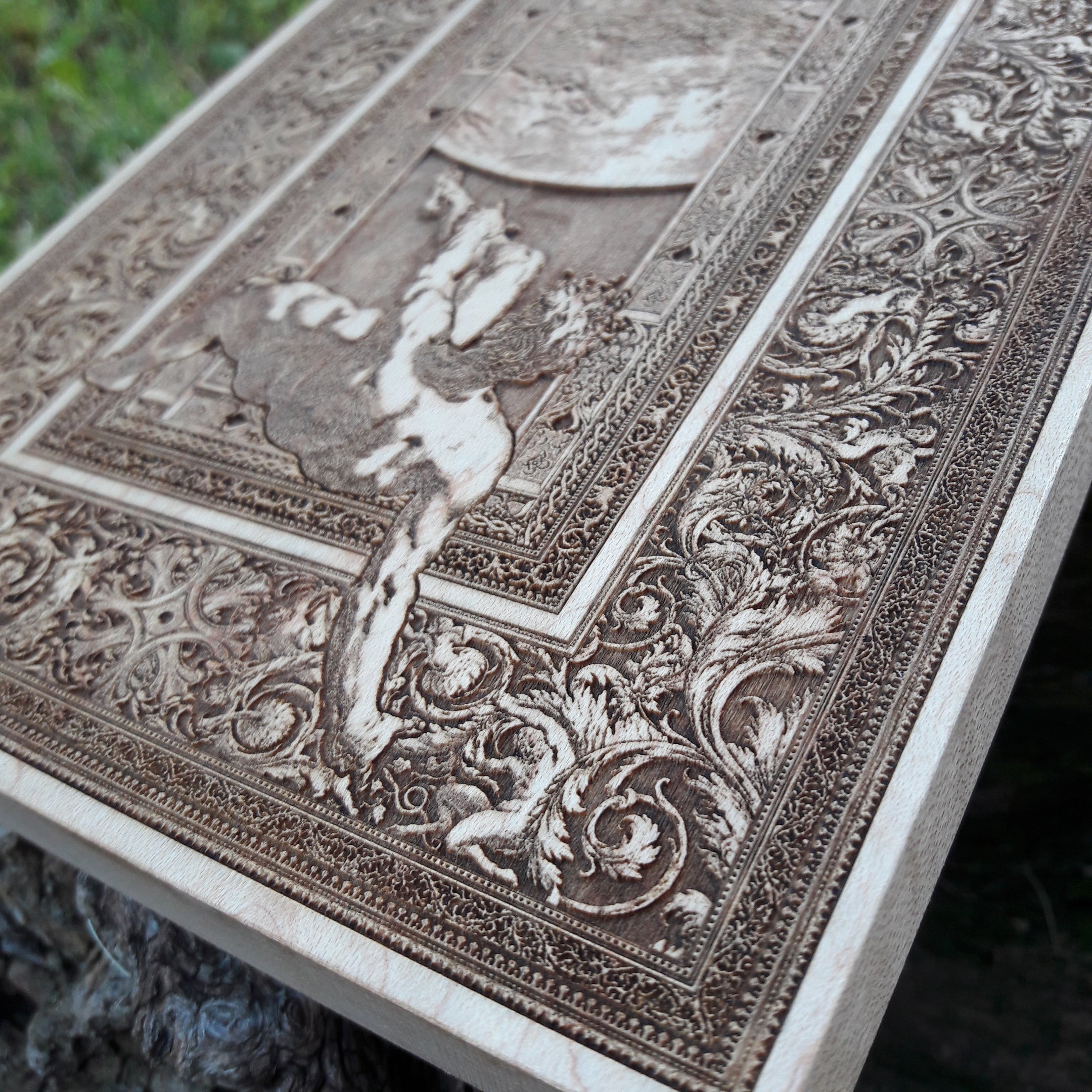 Greek mythology-inspired wood engraving – The Fall of Phaeton in stunning laser-cut detail.