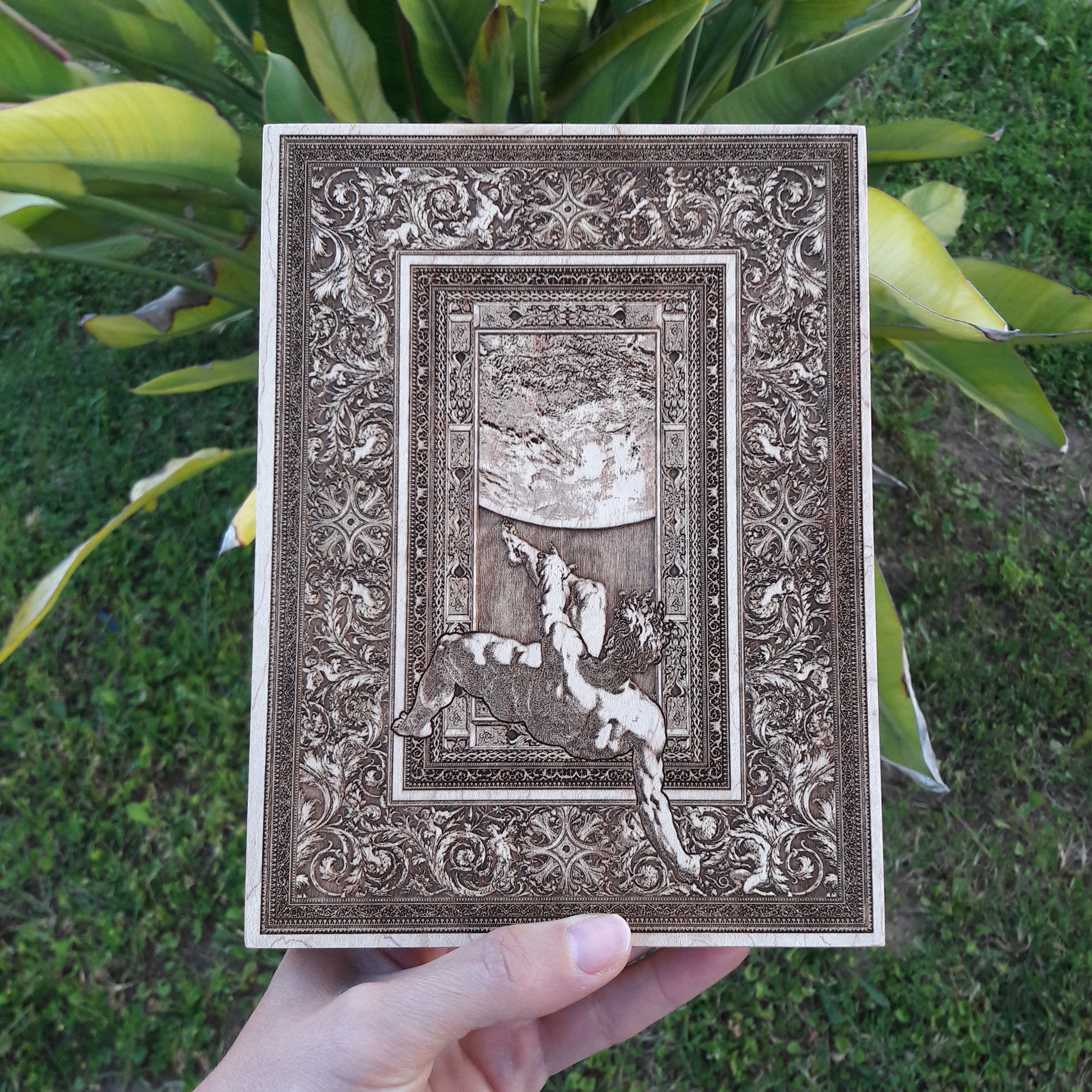Handmade wood engraving of The Fall of Phaeton – unique Greek mythology artwork.