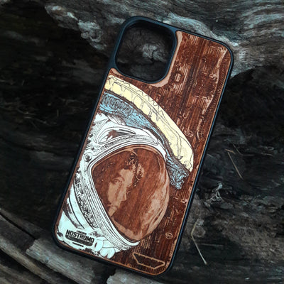 Wooden phone case featuring a laser-engraved Celtic tree design, compatible with iPhone  and Galaxy